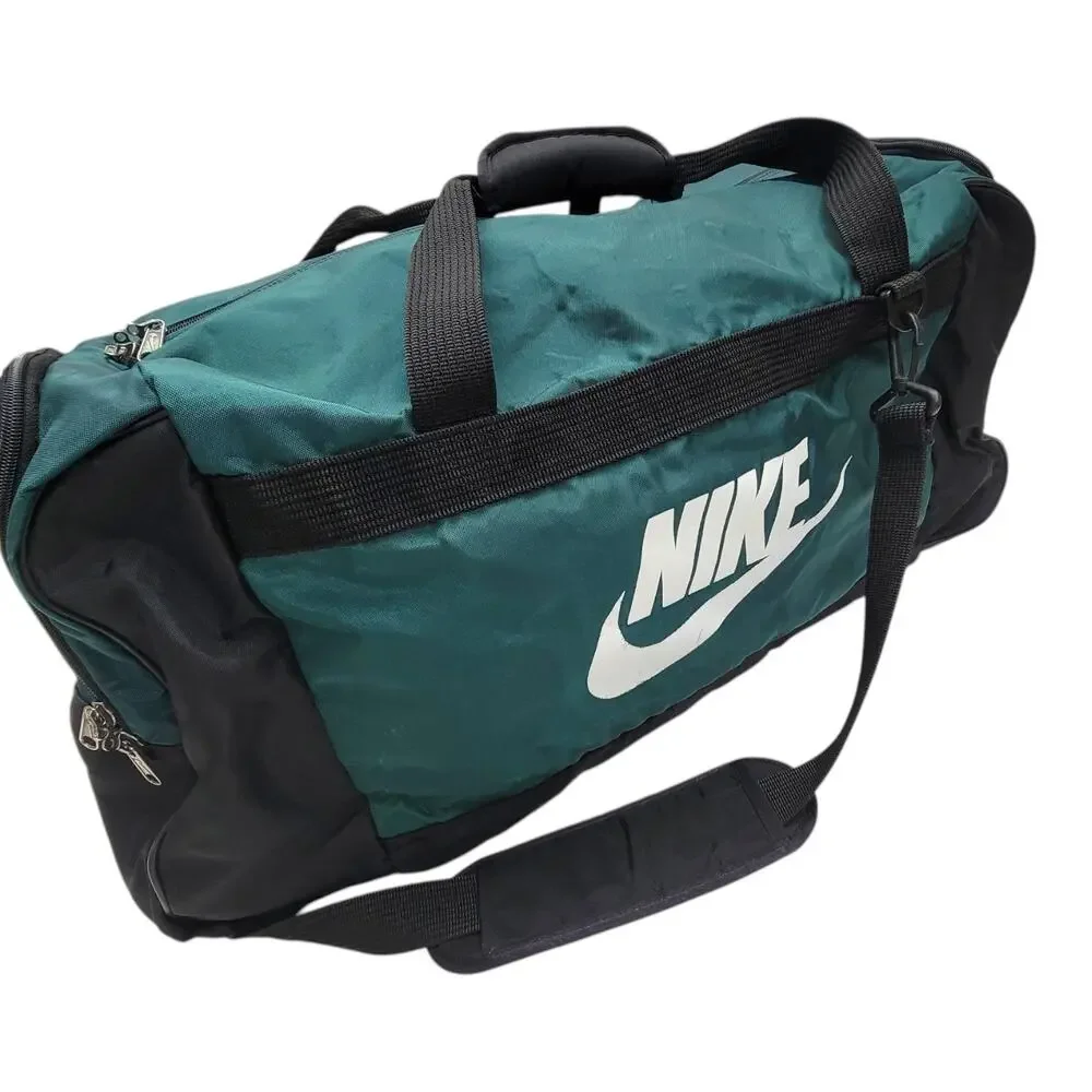 Vintage 90s Nike Duffle Bag Green Black Large Gym Travel Swoosh Made In Korea